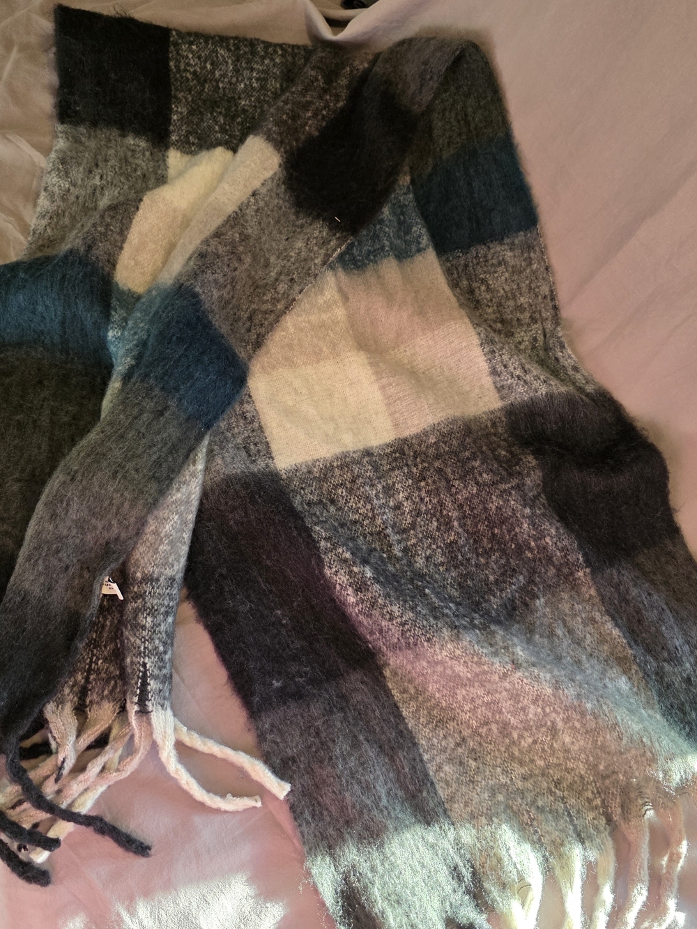 Plaid Fringe Knit Women's Poncho - Blue, Gray & Cream